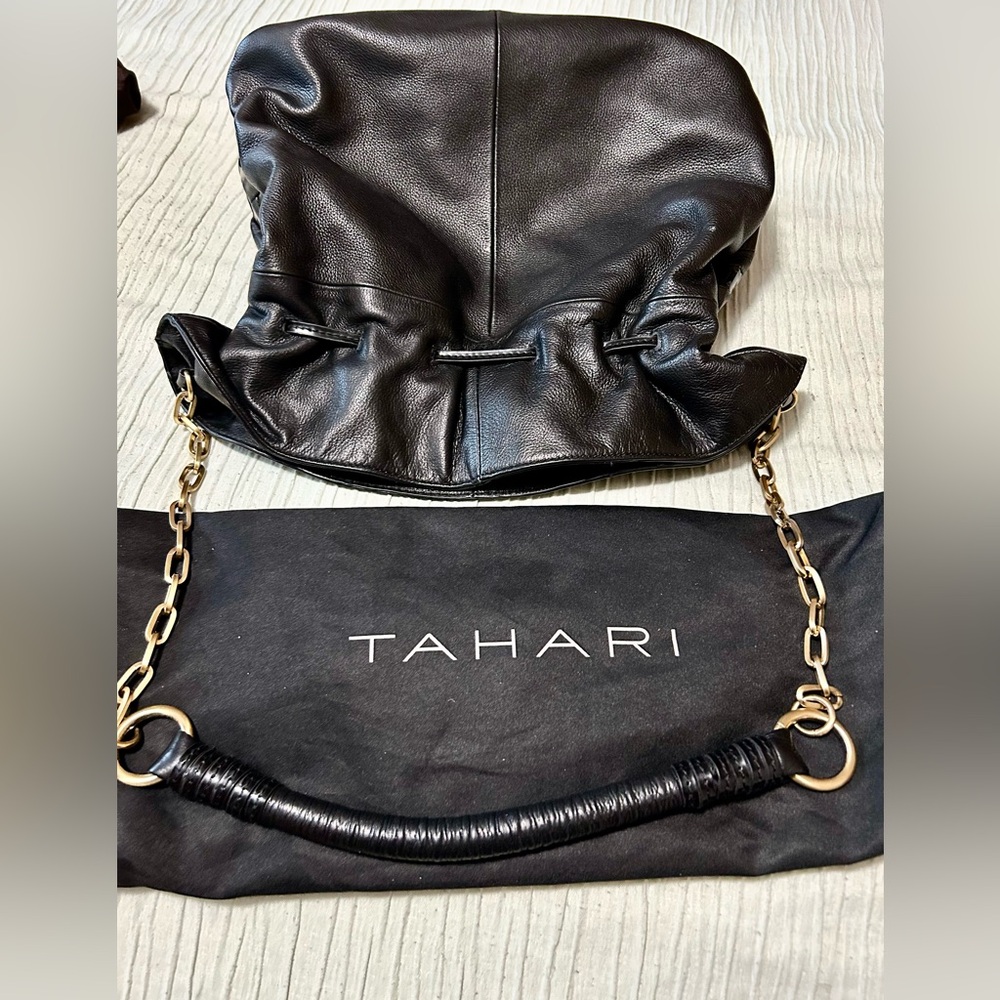 Tahari Black Leather Shoulder Bag with Gold Chain